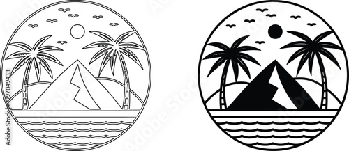 Tropical island scene with palm trees mountains ocean birds and sun.