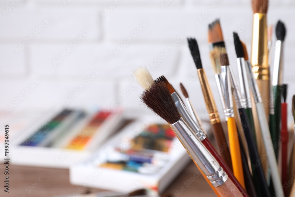 Fototapeta premium Different paint brushes on blurred background, closeup. Space for text
