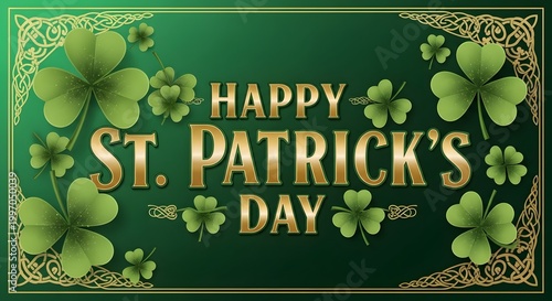 Happy st. patrick's day banner with gold lettering and green shamrock leaves
