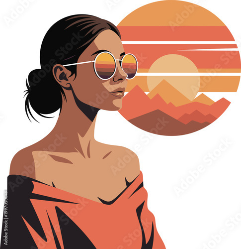 Chic trendy woman wearing sunglasses watching sunset vector on white background.