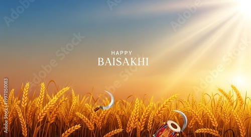 Happy baisakhi greeting with ripe wheat field, sickle, and dhol drum