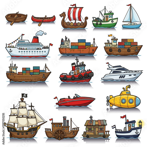 Cartoon sailing ship on blue water with white background