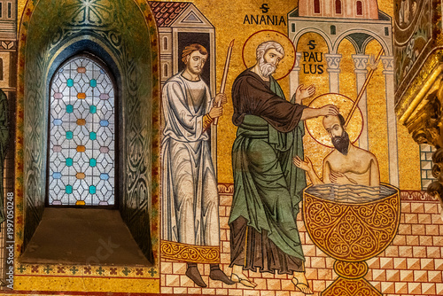 Baptism of Saint Paul by Saint Ananias in Damascus, Palatine Chapel, Arab-Norman-Byzantine style, 12th century, Palace of the Normans, Palermo, Sicily, Italy