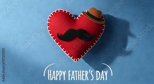 Stitched red heart with mustache and fedora hat for father's day