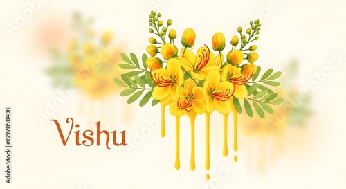 Golden cassia fistula flowers with melting paint drips and vishu text