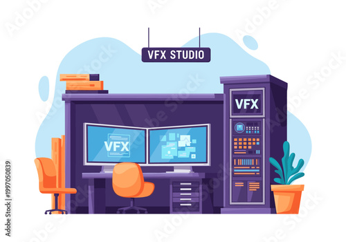 Modern VFX studio setup with dual monitors and computer equipment