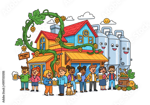 Happy people enjoying drinks outside a cartoon brewery with hops and tanks