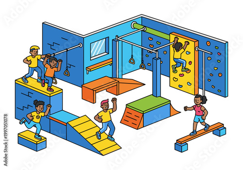 Children enjoying an indoor obstacle course with climbing and balance challenges