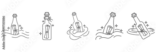 Message in a Bottle Line Art Icons Set for Coastal Design