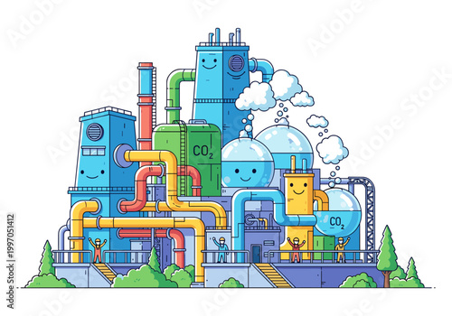 Cute cartoon factory with smiling faces and CO2 tanks, representing industry