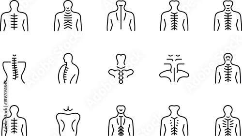 Line art icons of human spine, vertebrae, back health, orthopedic care, and spinal column anatomy