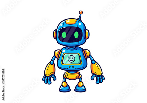 Cute blue robot with a smiley face on its screen and green eyes