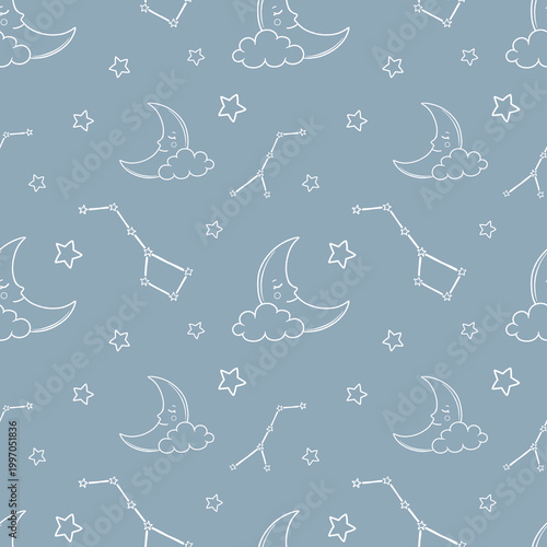 Kids seamless pattern featuring a sleeping crescent moon on a cloud and star constellations. Gentle night sky background for nursery textiles, pajamas, and wallpaper.