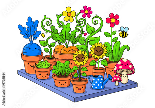 Cute cartoon vegetables and flowers growing happily in pots with a bee
