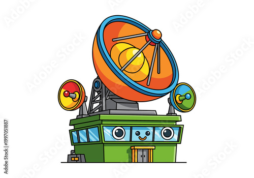 Cute cartoon satellite dish station with a friendly face and colorful antennas