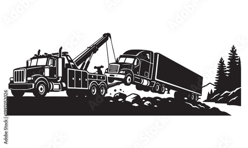 Heavy tow truck silhouette, wrecker truck, roadside recovery, vector isolated on white