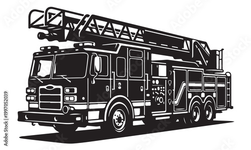 Fire truck silhouette, fire engine truck, emergency service, vector isolated on white