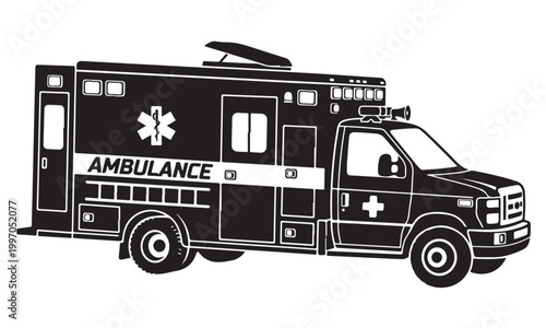 Ambulance truck silhouette, emergency ambulance vehicle, medical service, vector isolated on white