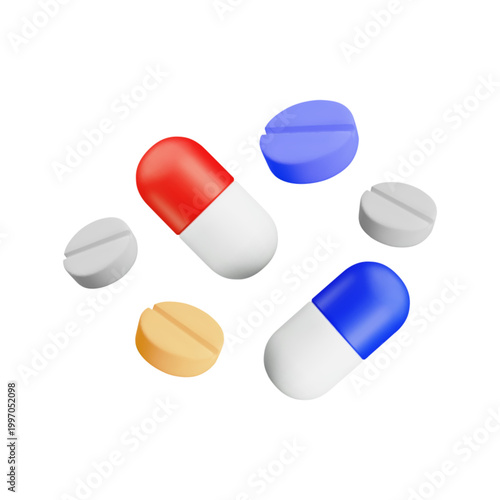 Vector cartoon 3d medical pills icon. Medicine, pharmacy and drugs sign. 3d realistic render of capsule and round pill on white background. Vitamins, antibiotic, painkiller illustration for web, app.