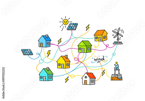 Illustration of a smart grid connecting houses with renewable energy sources