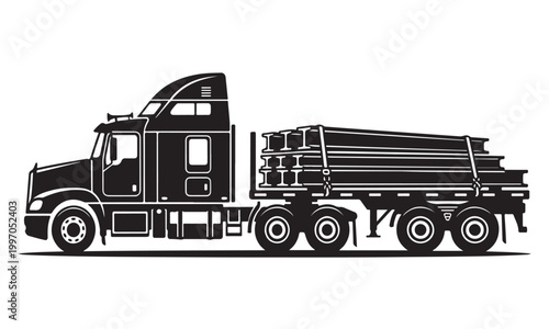 Flatbed truck silhouette, heavy duty flatbed trailer, highway transport, vector isolated on white