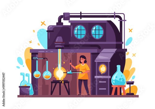 Glassblower working with molten glass in a factory setting