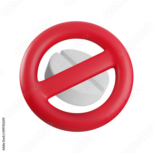 Vector cartoon 3d no pills icon. Prohibition sign of drugs, antibiotic, pills. 3d render white pill in red circle. Medical restriction. Antibiotic forbidden. Anti-drug awareness concept for web, app.