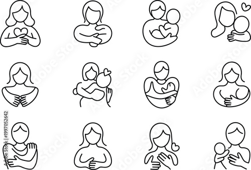 Set of minimalist line art icons representing motherhood, maternal care, breastfeeding, and newborn baby bonding,