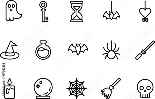 Spooky Halloween icon set featuring ghost, skull, witch hat, magic wand, and mysterious occult symbols