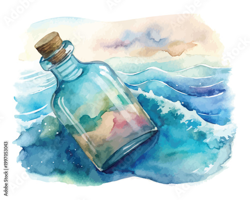 Watercolor Message in Bottle Icon, Ocean Theme Clipart, illustration Isolated 