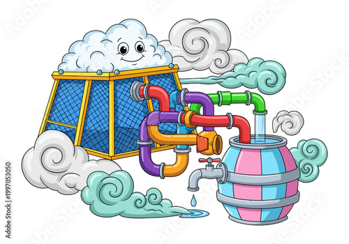 Cartoon cloud machine collecting and dispensing water through colorful pipes