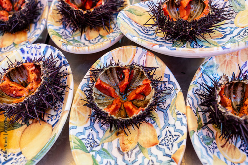 Sea urchin tapas, Ballarò Market - Albergheria Market -, Palermo, Sicily, Italy, Europe