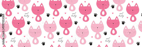 Seamless vector illustration set featuring a cute cartoon pink heart pattern with sweet baby bears and kittens for a fun nursery wallpaper design