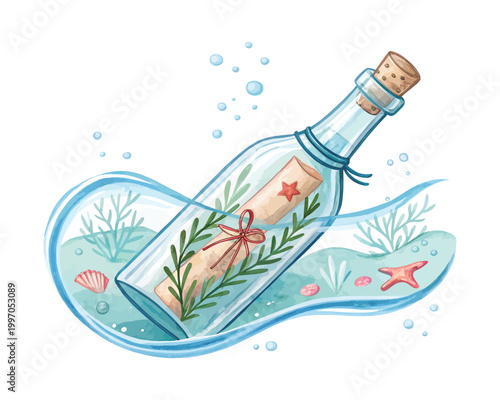 Watercolor Message in Bottle Icon, Ocean Theme Clipart, vector illustration Isolated on White background