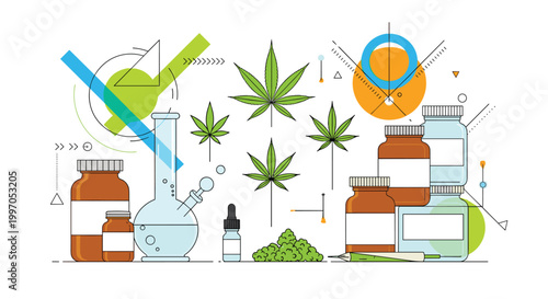 Medical laboratory for cannabis research features various glass bottles, beakers, syringes, and marijuana leaves for scientific and health study.