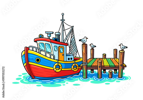 Colorful cartoon fishing boat docked at a wooden pier with seagulls perched on posts