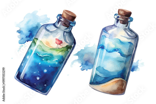 Watercolor Message in Bottle Icon, Ocean Theme Clipart, illustration Isolated on White background