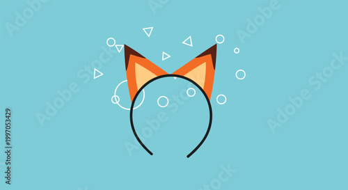 Orange and white fox ear headband is centered on a blue background surrounded by floating white geometric circles and triangles in this cute art.
