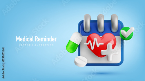 Vector cartoon 3d health and medical care planning banner. 3d render of calendar, heartbeat with plus sign, pill, checkmark. Medicine schedule, healthcare planner concept, medical examination reminder