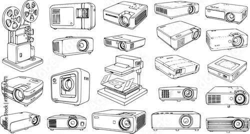 Fotografie Set of Projectors in Line Art Style: Diverse Collection of Vintage Film, Overhea