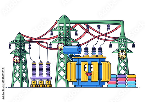 Cartoon electrical transformer and power towers with happy faces