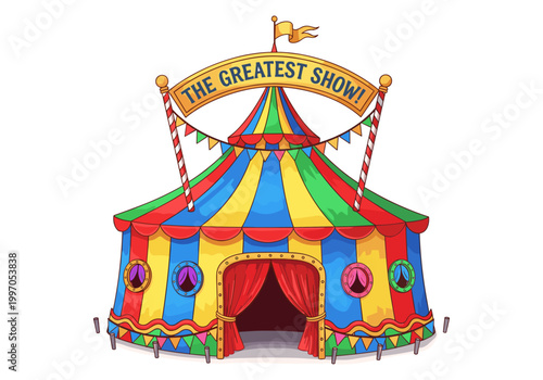 Colorful circus tent with "The Greatest Show" banner and red curtains