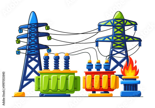 Electrical substation with power lines, transformers, and a small fire