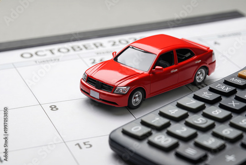 Red toy sedan car on a monthly calendar with calculator, auto loans, car insurance, or monthly expense management