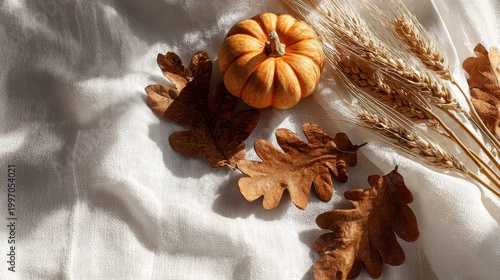 Autumn Harvest Miniature Pumpkin and Oak Leaves on Sparkling White Fabric with Golden Wheat Stalks Bathed in Soft Sunlight