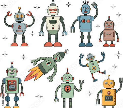 Retro robot characters set, cute vintage android collection with space theme, cartoon vector illustration design