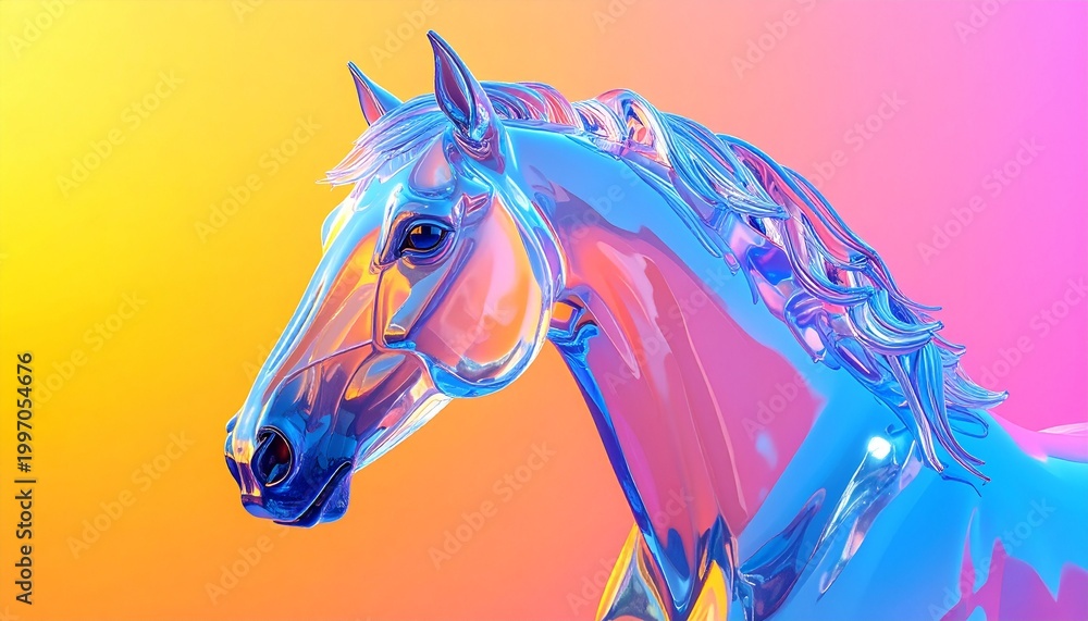Obraz premium Futuristic Glass Horse Sculpture with Holographic Iridescent Colors on a Vibrant Background