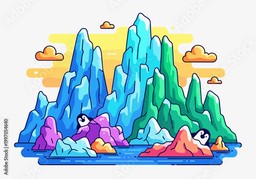 Stylized arctic landscape with penguins and colorful icebergs under a bright sky
