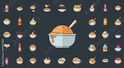 Large grid of flat icons depicting various bowls of food, side dishes, sauces, and condiments in a simple and consistent style.