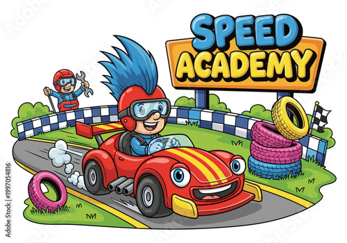 Cartoon character driving a race car at a speed academy with a mechanic nearby